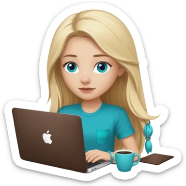 blonde long hair girl using macbook emoji. she has blue eyes and dark coffee shirt with Teal coloured accesory sticker