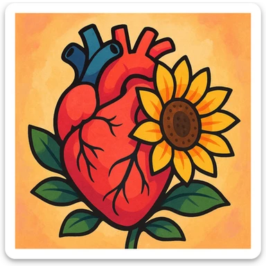 a human heart embraced by a blooming sunflower, soft painterly style sticker