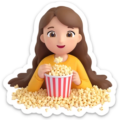 white girl with long hair, cheerful, eating popcorn on the floor, emoji style sticker