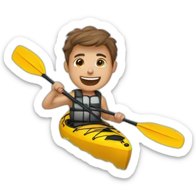 Thin young man in a kayak on water waving sticker