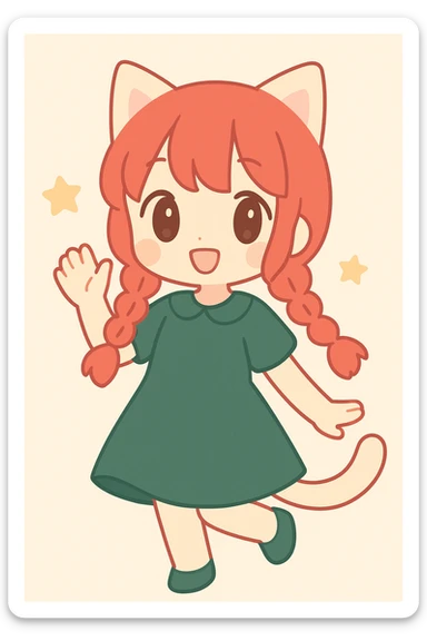 catgirl with bright red braided hair in twin braids, dark green dress, playful pose, anime style sticker