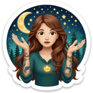 forest mystic woman long wavy brown hair tattoos catching falling moon spark in hands sticker