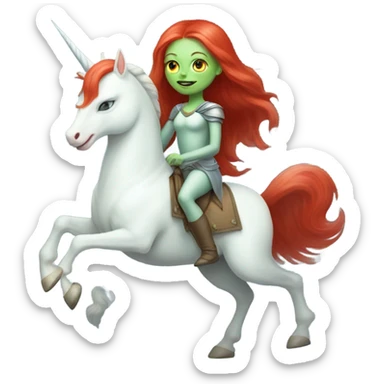 [politically incorrect
	{ woman: alien, color: light green, hair:red, eyes:cat} ]
	on a 
	[{ unicorn: white, legged:four, mane: light blue }] sticker