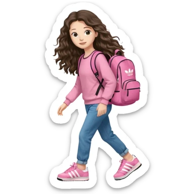 aestethic brunette very,very,very long wavy hair walking with a school backpack (no brand) with a cute jeans, pink sweat, adidas samba shoes sticker