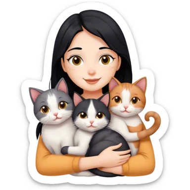 happy girl with black hair hugging three cats  (tricolour cat, gray cat, brown calico cat) sticker