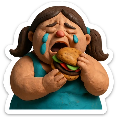 claymation style fat girl crying and eating a burger sticker