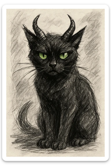black cat with green eyes and demon horns, hand-drawn sketch style sticker
