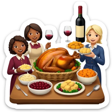 Thanksgiving Dinner with friends of all different races; have the food be a cooked turkey, mashed potatoes, corn, a basket of biscuits, a small bowl of cranberry sauce, baked yams, steamed vegetables, and a bottle of wine. sticker