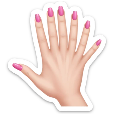  pink  close-up of a human hand with exactly five fingers, beautifully manicured nails, glossy pink nail polish, elegant nail shape, soft lighting, realistic style, isolated on transparent background" sticker