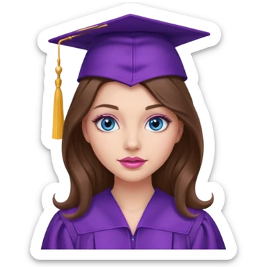 girl with gorgeous lightly curled long brown hair, blue eyes, long lashes makeup, sexy pink lips, wearing a purple graduation cap and gown sticker
