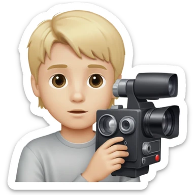 boy with medium blonde hair looking through a VHS camera sticker
