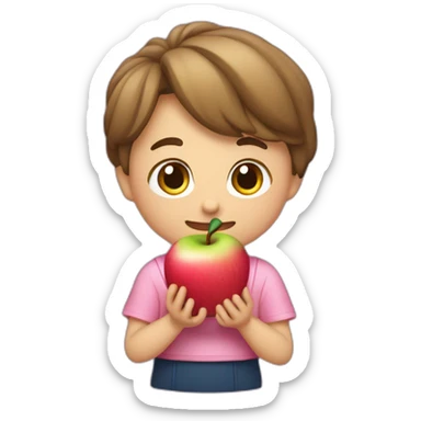 Un niño con una falda rosa y comiendo una manzana rosa sticker