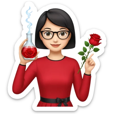 female asian chemistry teacher wearing glasses holdin a flask pointing right with straight short hair to her shoulders wearing a red dress with roses on it and black hair and make the glasses more retangle and make her hold a flash with one hand and with the other point right and make her smile sticker