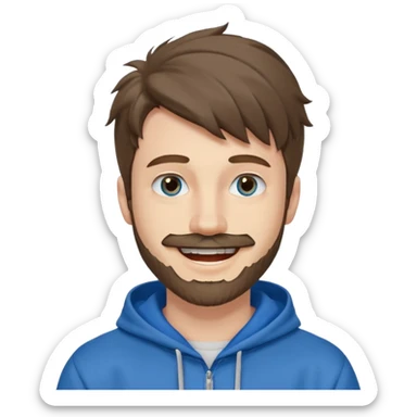 25 year old man, short scruffy beard and thin moustache, brown puffy mullet, blue eyes, big smile, white teeth, big lips, pronounced jaw, hair longer in back, sticking up on top, thin face, grey hooded sweatshirt, pale skin, big smile, blue eyes sticker