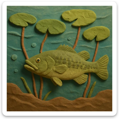 underwater scene with a bass and lily pads, soft lighting, textured look, claymation style sticker