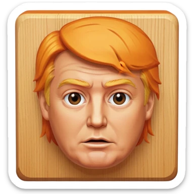 donald trump facial features and hair on a square wooden block sticker