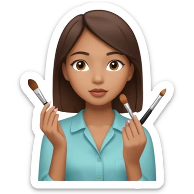 Draw a mixed-race girl applying makeup, wearing a clean girl blouse and with straight brown hair far away  sticker