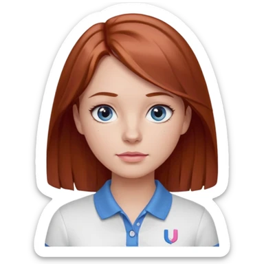 Create emojis of a girl with light brown / dark red hair slightly wavy below the shoulder. Her eyes are gray-blue, her nose is small and straight, and her lips are pink and small. Eyes with long eyelashes. The polo shirt is white. The emoji itself is up to chest level. sticker