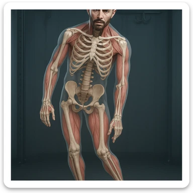 Hyperrealistic 4K anatomical view of a man in a similar position to the reference image. Knee valgus, tilted pelvis, pronated foot, bones and muscles in transparency, medical atmosphere. Variant 6 with slightly changed hand position. sticker