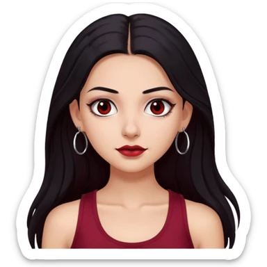 a pretty bratz fair girl with long black hair, kajal under eyes, small silver hoop. Dark cherry red tank top on. Black eyes sticker