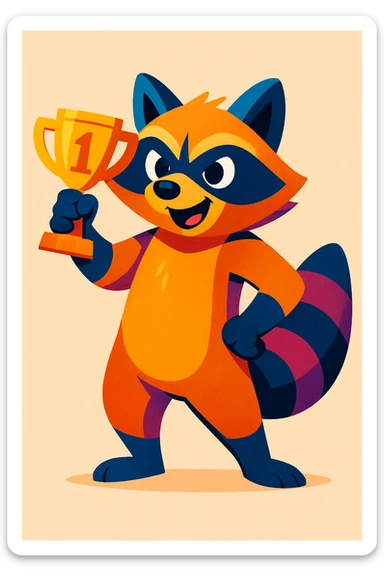 stylized raccoon holding a trophy, vibrant colors, confident stance, streamer mascot look sticker