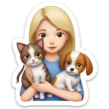 Girl holding a cat and a dog sticker