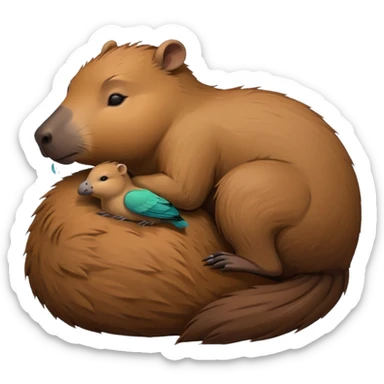 capybara sleeping peacefully with a bird sticker