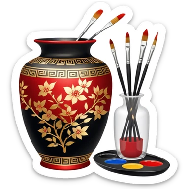 Chinese metal painting icon, delicate Chinese patterns painted on a metal vase, visible fine paintbrush, paint pots, and accessories like porcelain palette and cloth, vibrant colors like red, gold, and black, minimalistic style, clean lines, transparent background. sticker