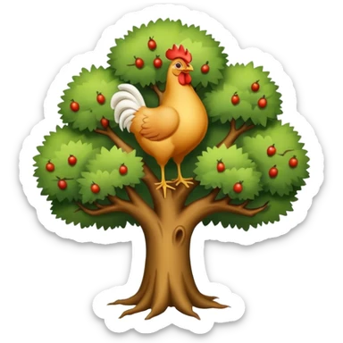 a tree with no leaves and a huge chicken on top sticker