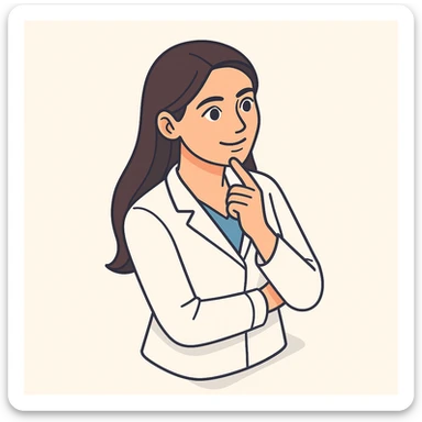A girl doctor with dark long straight hair, detailed brown eyes (not just dots), smiling, wearing a white medical coat, in 2D isometric style with a minimalist background, thoughtful finger on chin, multiple pose and facial expression variations. sticker