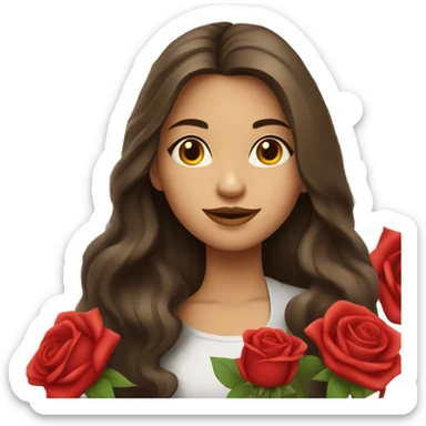 girl with beautiful long hair brunette in her hands a huge bouquet of red roses sticker