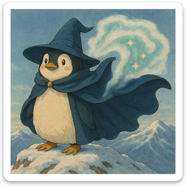 Place the ghibli style penguin wizard on top of a snowy mountain, keep the magical aura and flowing cape, match original lighting and mood sticker