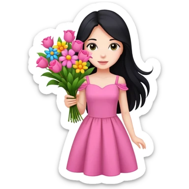 beautiful girl with long black hair, fair skin, wearing pink dress holding a colorful bouquet of flowers sticker