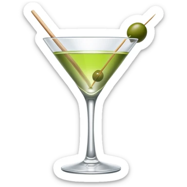 empty martini glass with just a hint of colorless liquid, showing mostly glass with very minimal liquid representation, single green olive on toothpick sticker
