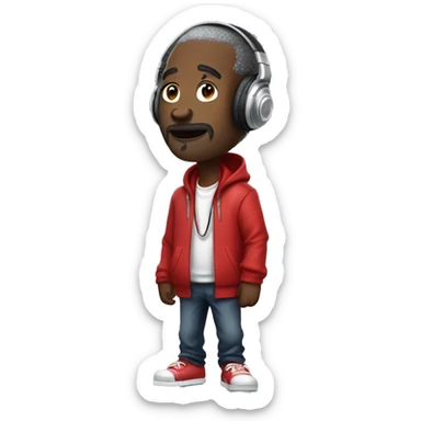 Old black rapper Dressed in a red jacket with silver headphones, mic in hand, he glances to the side with a slight smile. His posture is relaxed but ready, embodying a cool, rhythmic vibe. sticker