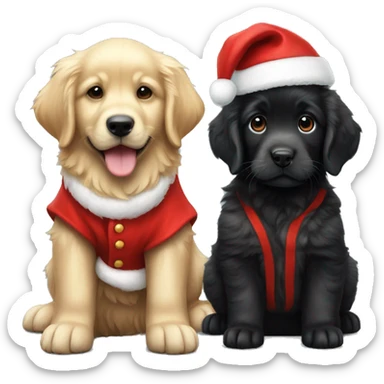 solid black fluffy puppy wearing red vest with white golden retriever puppy wearing a santa hat sticker