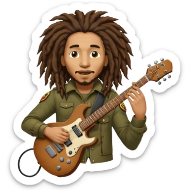 Bob Marley with gigantic dread locks play electric guitar in form heraldic crest sticker
