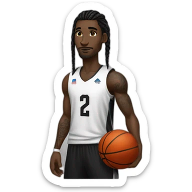 dark skin basketball player with tattoos, braided hair wearinf black and white jersey sticker