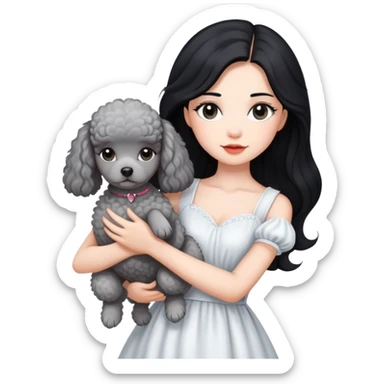 beautiful girl with long black hair in a white dress holding a small gray poodle sticker