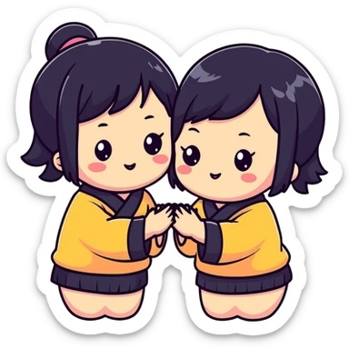 Two adorable Japanese girls with black hair and Asian features, their cheeks touching, kawaii style sticker