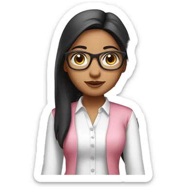 standing slim indian girl wear pink pant & white shirt have black straight hair and spectacle sticker