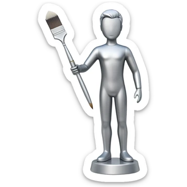 A paintbrush that transforms into a human metal silver silhouette sculpture, symbol of artistic identity, with a polished silver metallic finish sticker