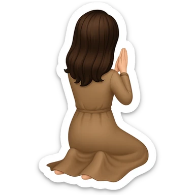 Create a fourth variation of a woman kneeling and praying from the back view, wearing a long tan dress, with dark brown hair, in emoji style, matching the same body figure as the reference image, with no background. sticker