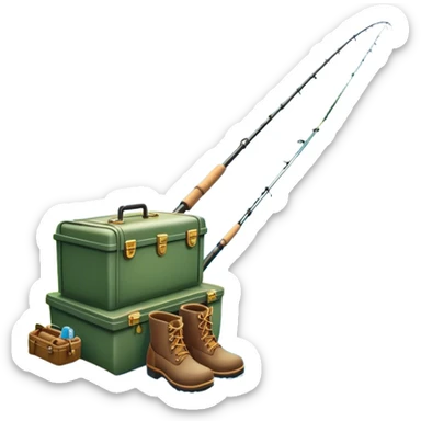 Icon for Fishing Travel: a fishing rod, tackle box, boots, and a boat by a serene lake, with fish jumping out of the water and surrounded by lush nature. The icon should capture the peaceful and adventurous spirit of fishing trips. Transparent background. sticker