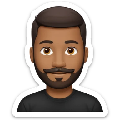 man with an oval face, medium-dark skin tone, short dark hair with a fade cut, dark brown eyes, medium straight nose, full lips, full beard and mustache, smiling, small earring in left ear sticker