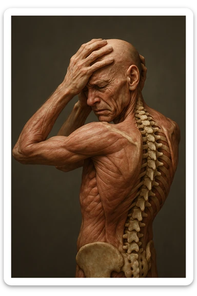 CORPO UMANO ANATOMICO con spina dorsale in evidenza, molto stanca e stressata mentre si tiene le mani sulla testa, IPERREALISTICO 4K sticker