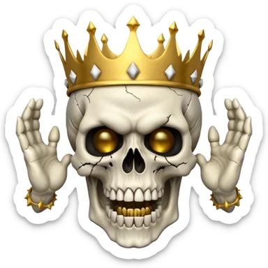 Demonic 3D skull holding its head by its two hand in shock, mouth open, wearing a golden crown, horror vibe sticker