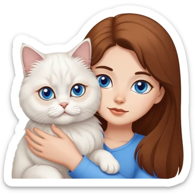 White persian cat with blue eyes cuddling brown long hair with brown eyes girl sticker