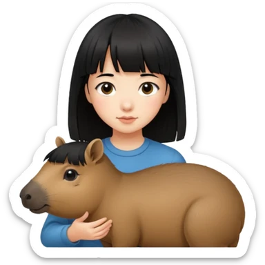 Girl with black hair and bangs, petting capybara sticker