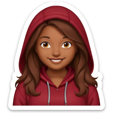Curvy pretty brown girl with long brown hair, wearing a dark deep red hoodie sticker